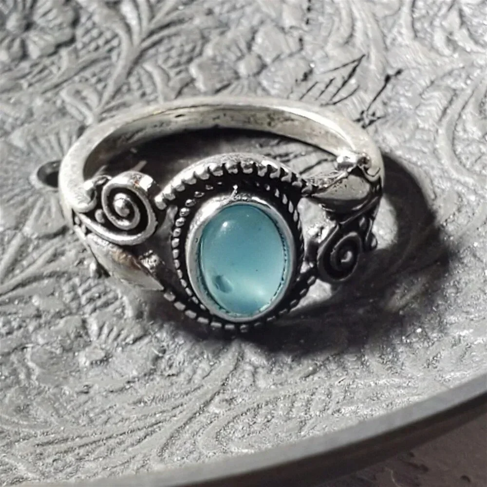 Artisan India Blue Agate 925 Sterling Silver Plated Gemstone Ring Size 7.5